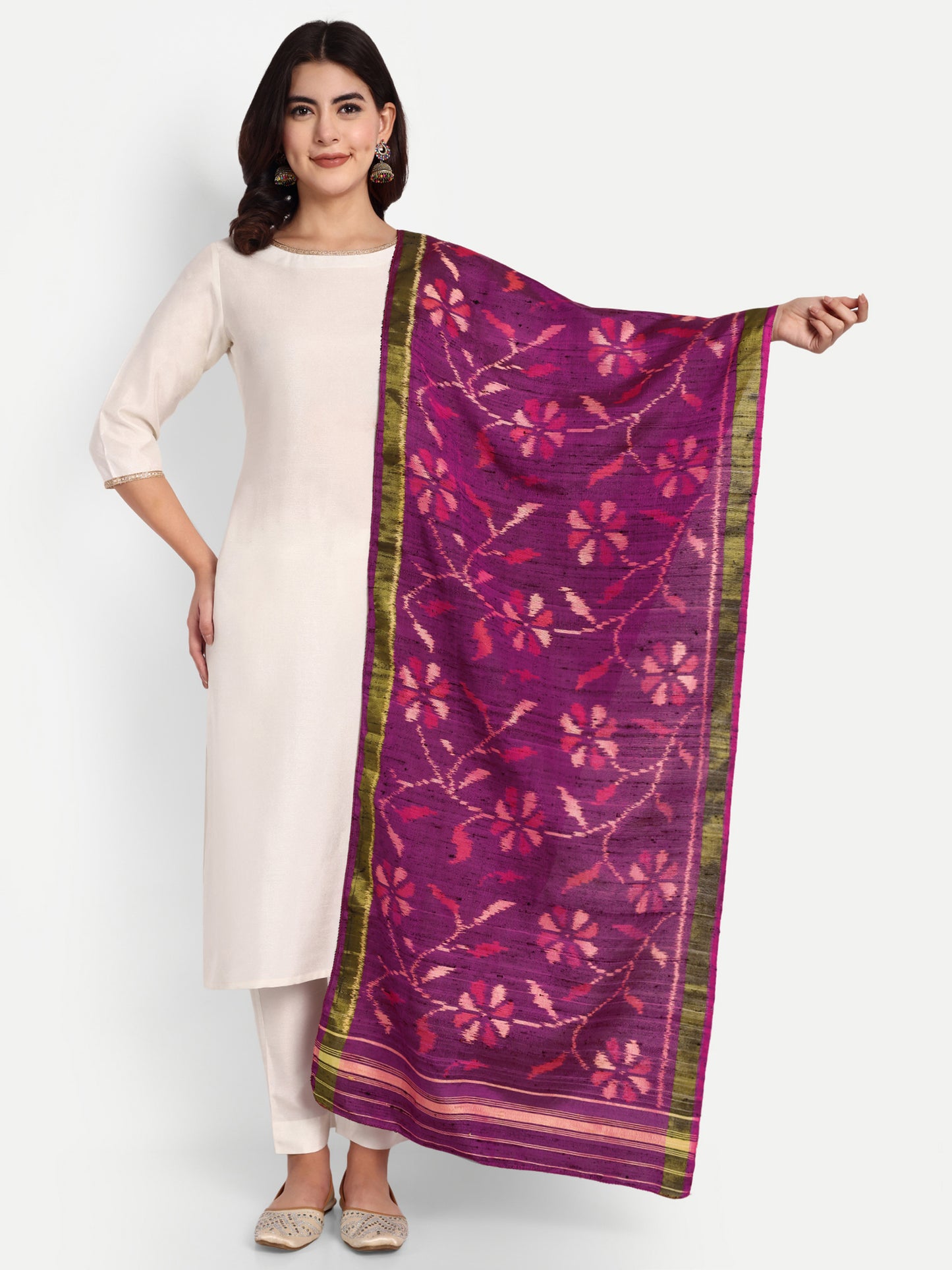 Handwoven Patan Patola Raw Silk Stole | Purple Floral Single Ikat Design