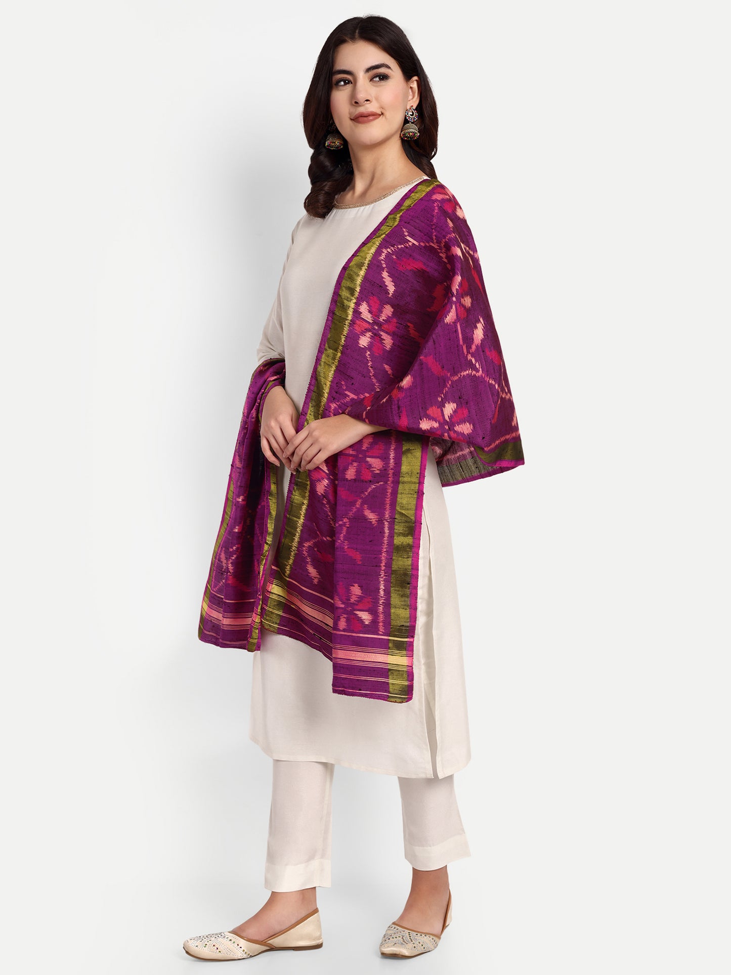Handwoven Patan Patola Raw Silk Stole | Purple Floral Single Ikat Design