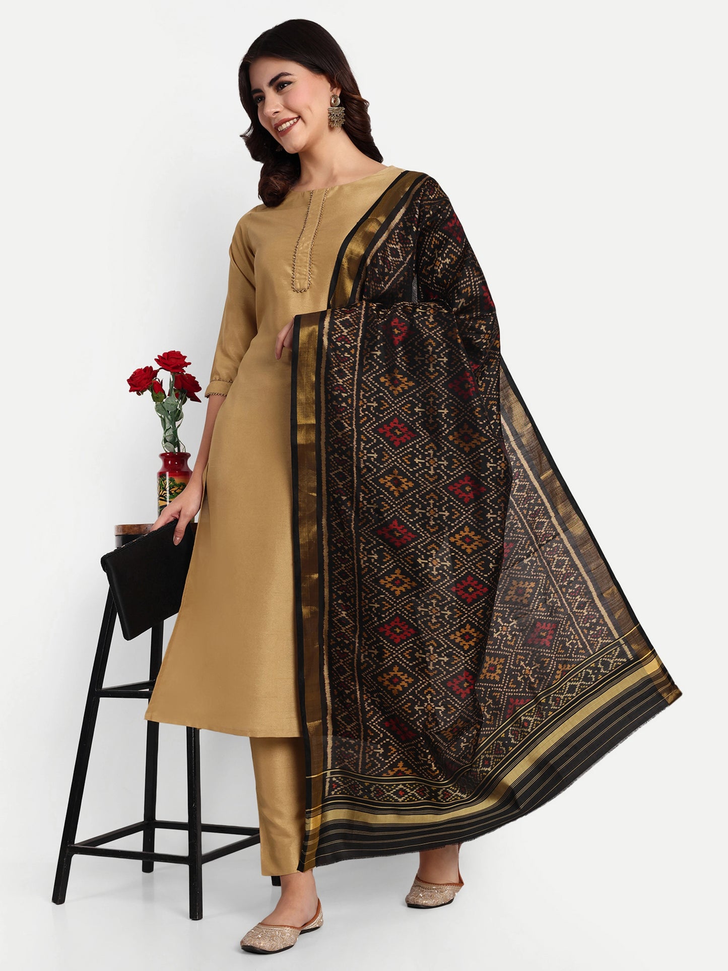 Authentic Handwoven Black Patan Patola Silk Dupatta | Intricate Geometric Design