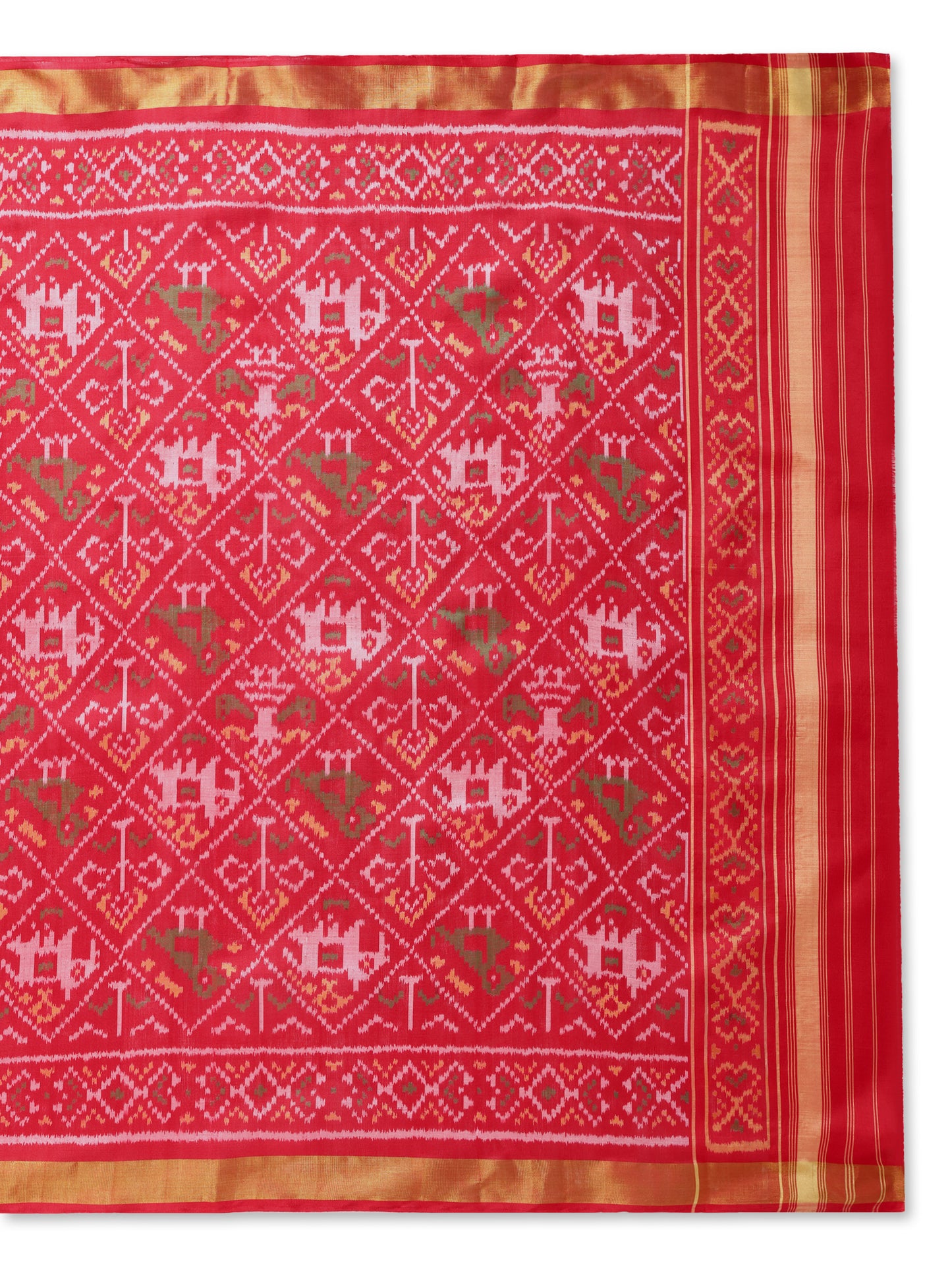 Handwoven Red Patan Patola Silk Dupatta | Single Ikat Elephant and Parrot Design - Haathi-Popat Motif