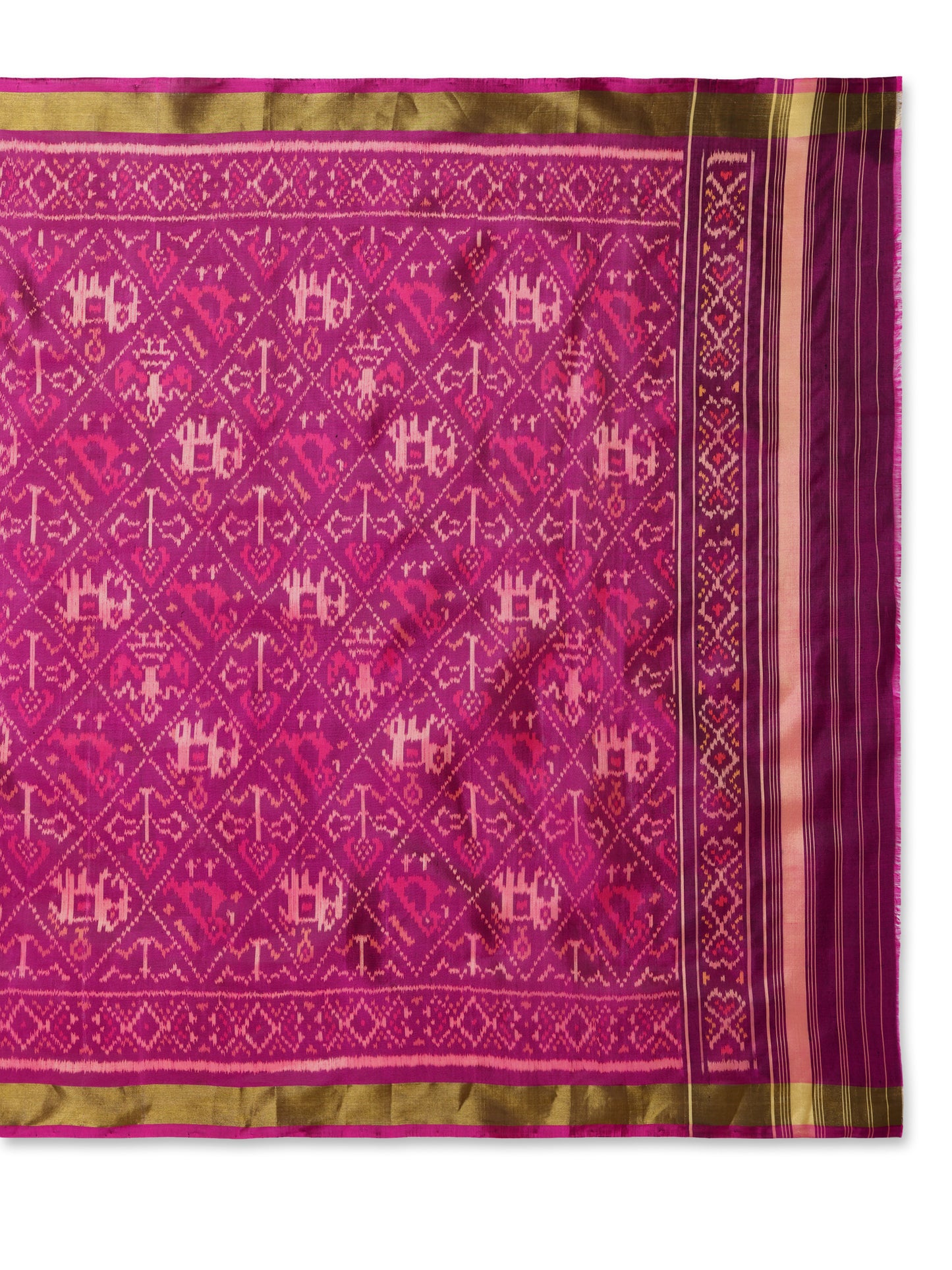 Exquisite Handwoven Rani Pink Patan Patola Silk Dupatta | Single Ikat with Elephant & Parrot Motif