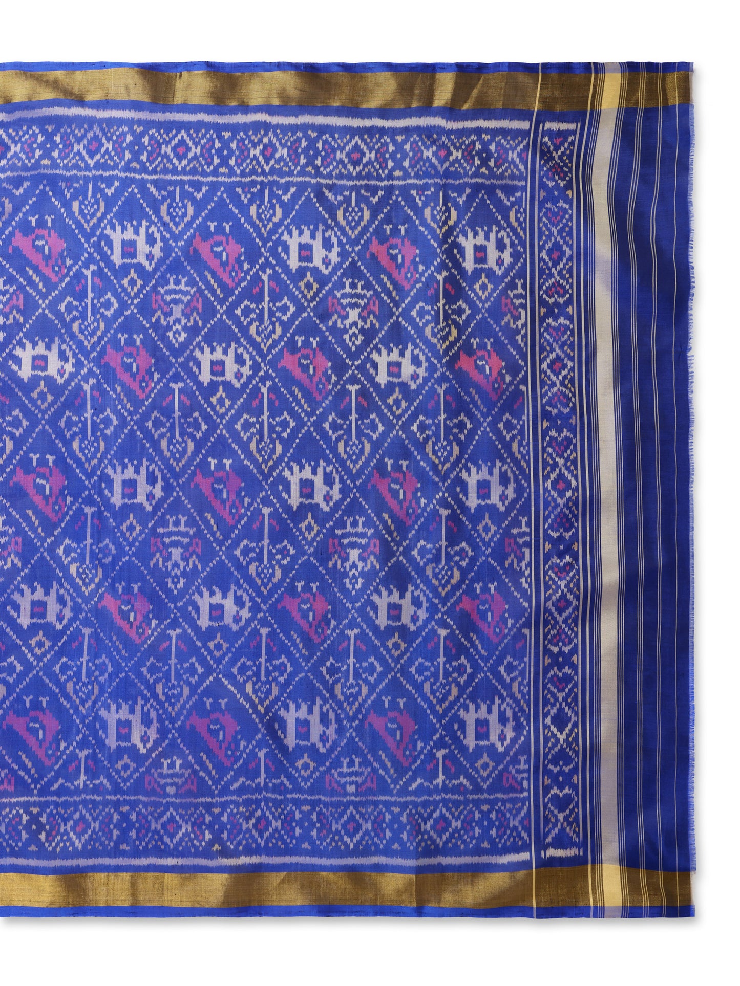 Handwoven Blue Patan Patola Silk Dupatta | Single Ikat Elephant and Parrot Design- Haathi Popat Traditional Motif