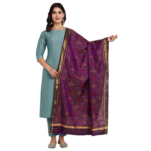 Handwoven Violet Patan Patola Silk Dupatta | Single Ikat Diamond Motif