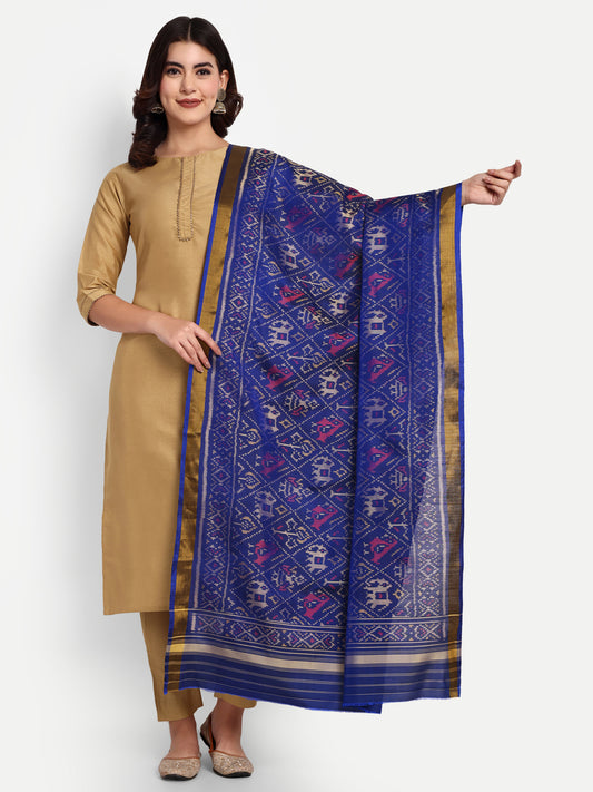 Handwoven Blue Patan Patola Silk Dupatta | Single Ikat Elephant and Parrot Design- Haathi Popat Traditional Motif