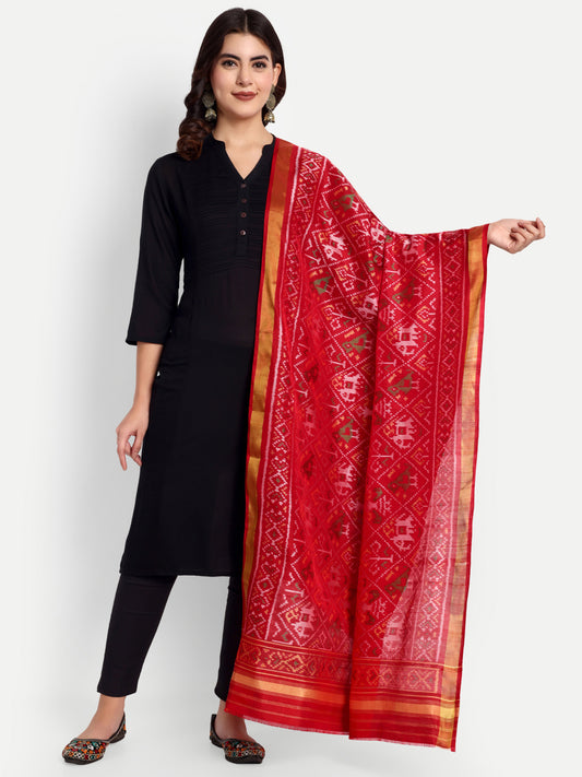 Handwoven Red Patan Patola Silk Dupatta | Single Ikat Elephant and Parrot Design - Haathi-Popat Motif