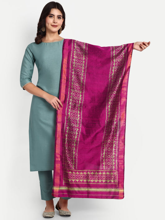 Handwoven Magenta Patan Patola Silk Stole | Single Ikat Geometric Design
