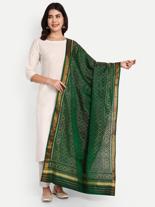 Timeless Bottle Green Patan Patola Silk Dupatta | Single Ikat with Geometric Jaal Motif