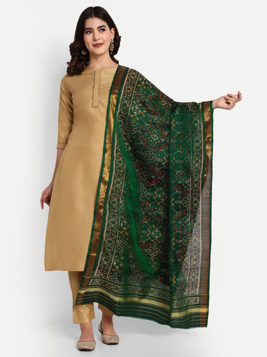 Regal Bottle Green Patan Patola Silk Dupatta | Single Ikat with Floral Jaal Motif