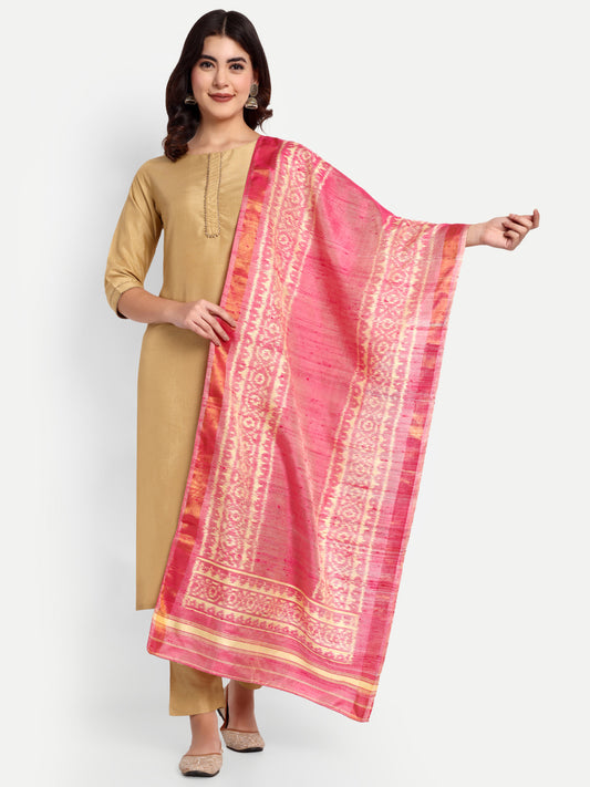 Handwoven Light Pink Patan Patola Raw Silk Stole | Single Ikat Heritage Weave
