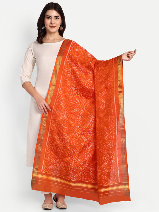 Handwoven Orange Patan Patola Silk Dupatta | Single Ikat Geometric & Floral Design