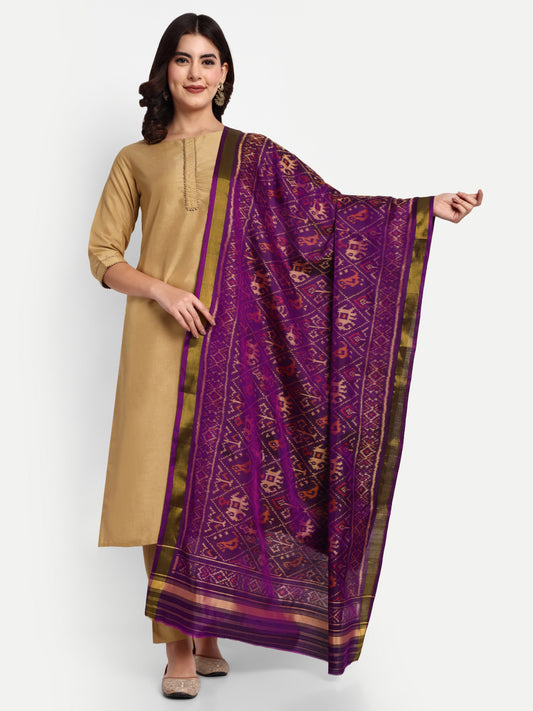 Handwoven Purple Patan Patola Silk Dupatta | Single Ikat with Elephant & Parrot Motif