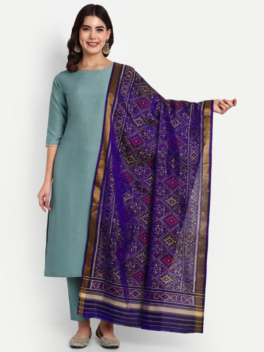 Handwoven Royal Blue Patan Patola Silk Dupatta | Single Ikat Diamond Motif