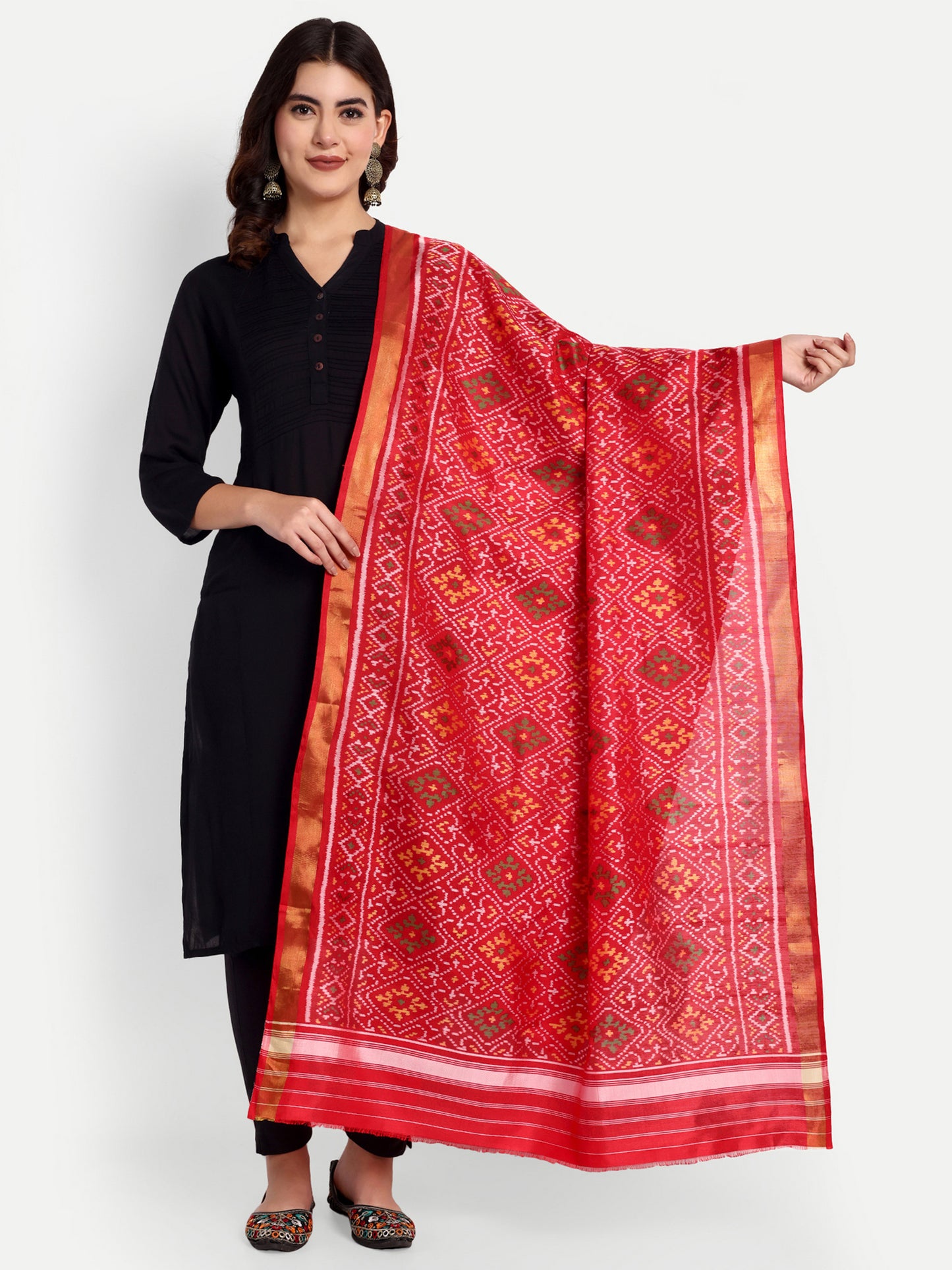Handwoven Red Patan Patola Silk Dupatta | Single Ikat Diamond Motif