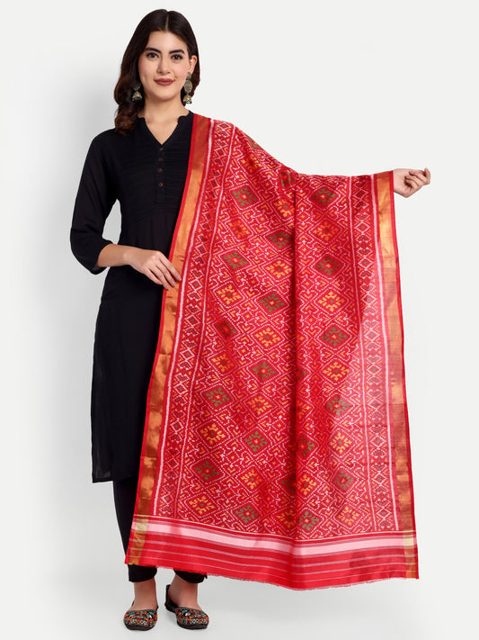 Handwoven Red Patan Patola Silk Dupatta | Single Ikat Diamond Motif