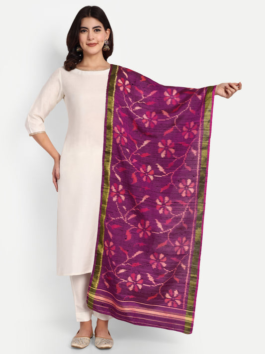 Handwoven Patan Patola Raw Silk Stole | Purple Floral Single Ikat Design