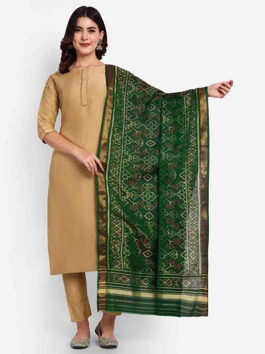 Luxurious Handwoven Green Patan Patola Silk Dupatta | Single Ikat with Geometric Jaal Motif
