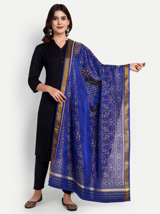 Handwoven Royal Blue Patan Patola Silk Dupatta | Single Ikat Geometric Jaal Motif
