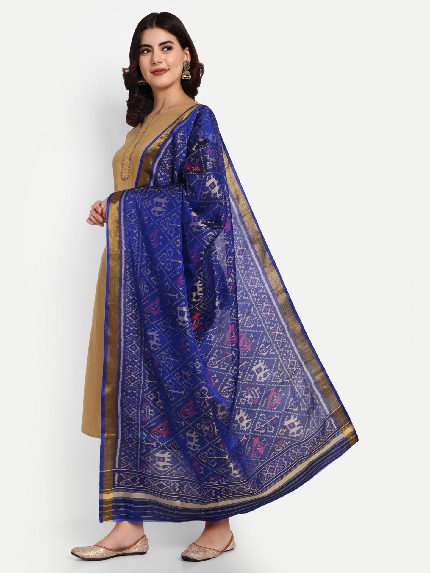 Handwoven Blue Patan Patola Silk Dupatta | Single Ikat Elephant and Parrot Design- Haathi Popat Traditional Motif