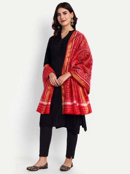 Handwoven Red Patan Patola Silk Dupatta | Single Ikat Diamond Motif