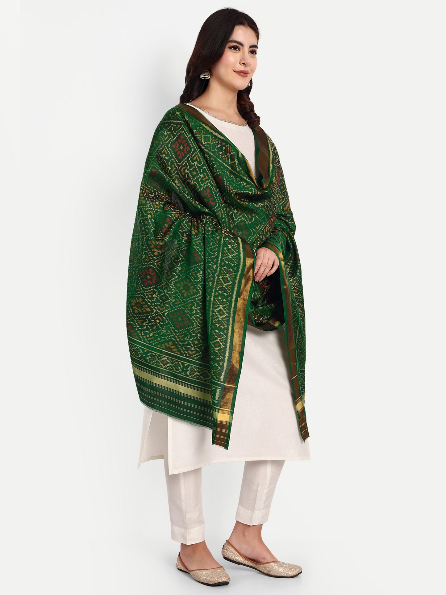 Regal Dark Green Patan Patola Silk Dupatta | Single Ikat with Diamond Motif