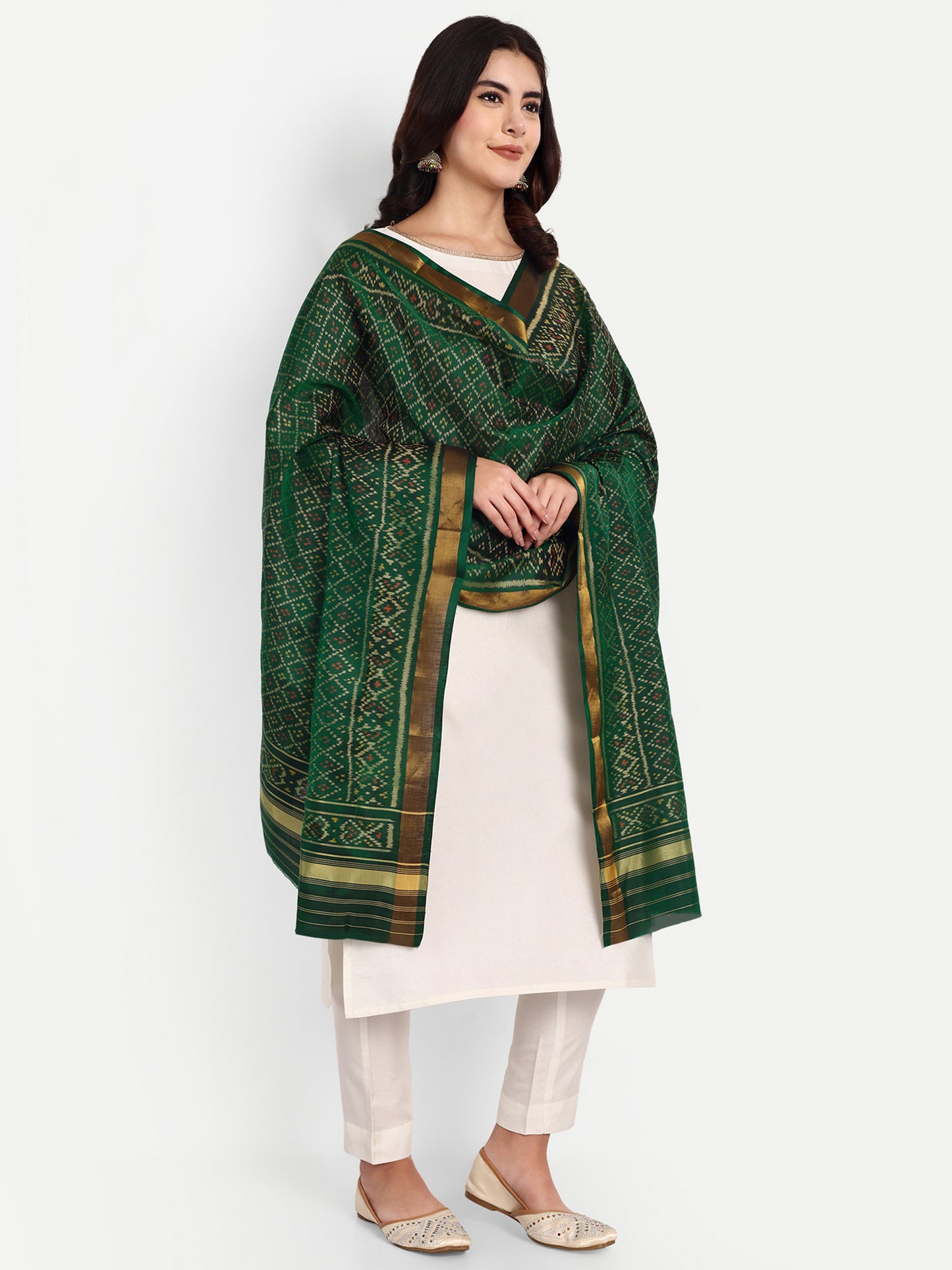 Timeless Bottle Green Patan Patola Silk Dupatta | Single Ikat with Geometric Jaal Motif