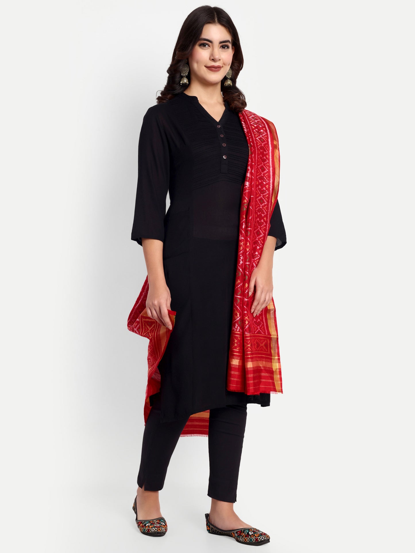 Handwoven Red Patan Patola Silk Dupatta | Single Ikat Elephant and Parrot Design - Haathi-Popat Motif