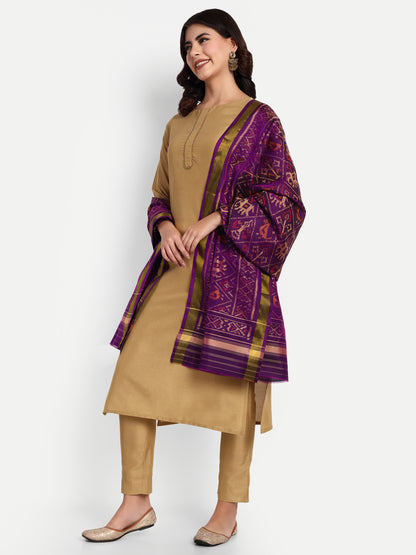 Handwoven Purple Patan Patola Silk Dupatta | Single Ikat with Elephant & Parrot Motif