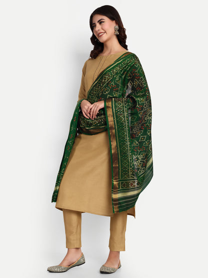 Luxurious Handwoven Green Patan Patola Silk Dupatta | Single Ikat with Geometric Jaal Motif