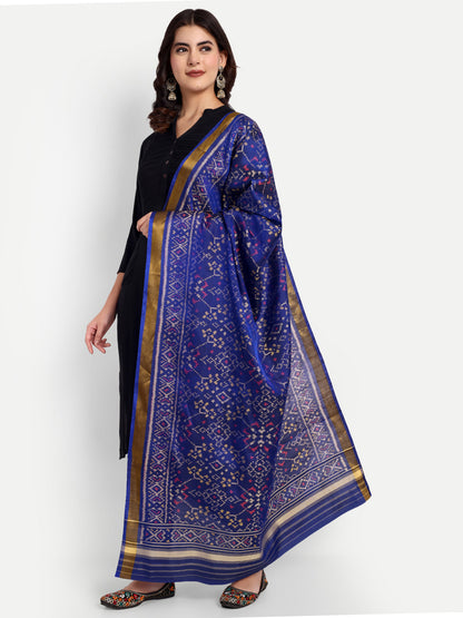Handwoven Royal Blue Patan Patola Silk Dupatta | Single Ikat Geometric Jaal Motif