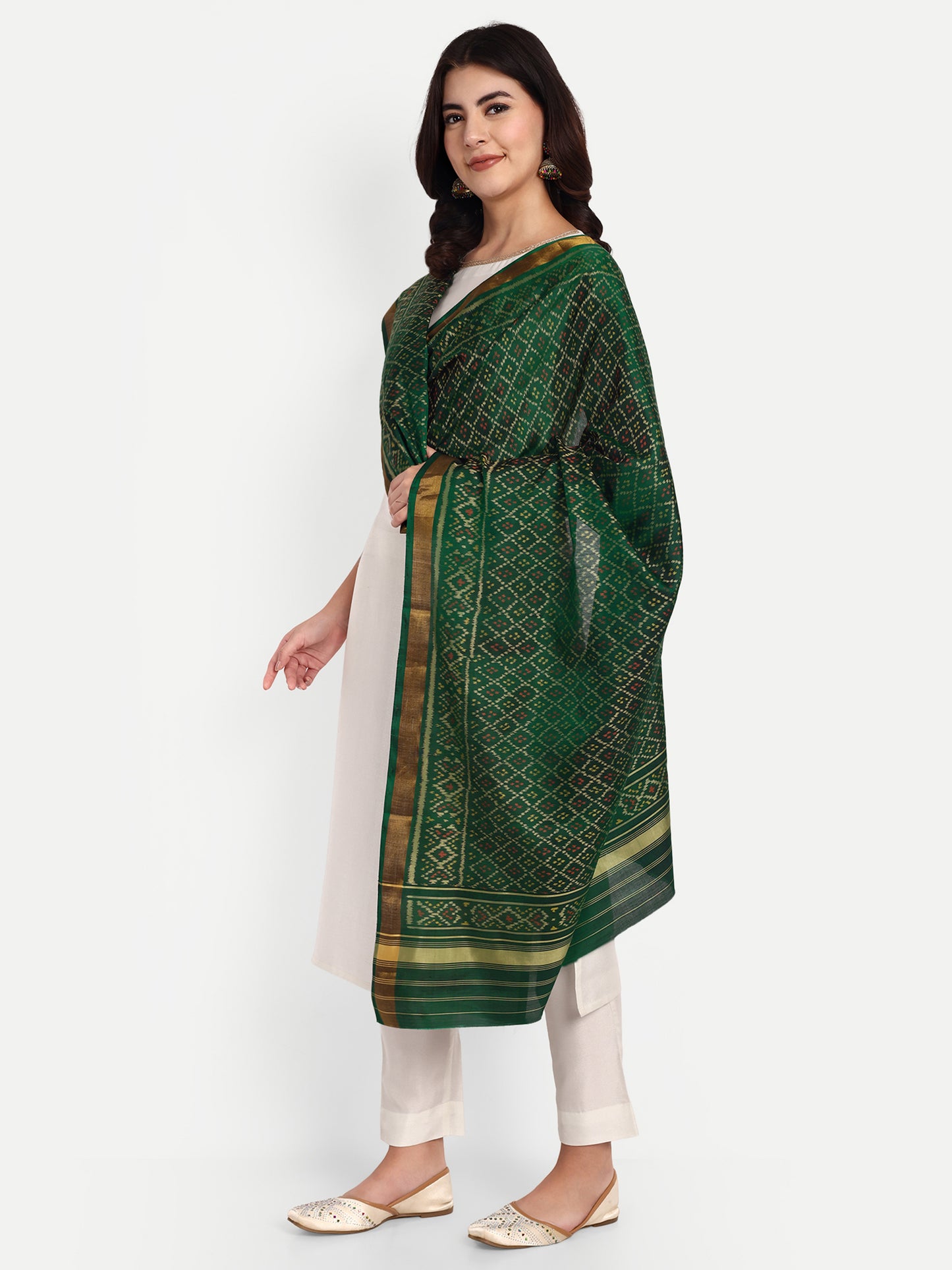 Timeless Bottle Green Patan Patola Silk Dupatta | Single Ikat with Geometric Jaal Motif