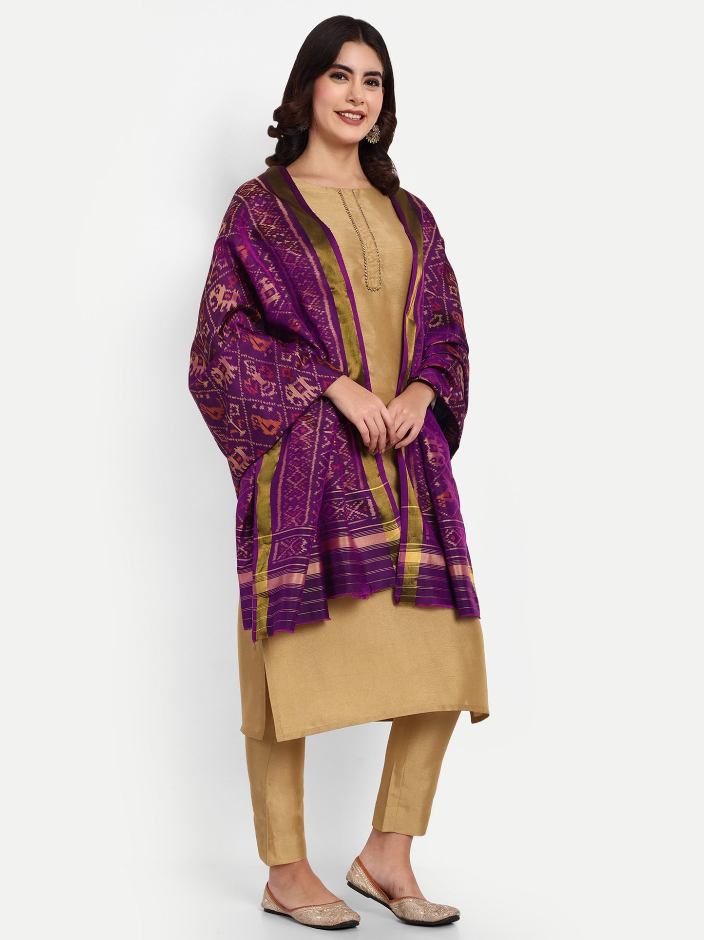Handwoven Purple Patan Patola Silk Dupatta | Single Ikat with Elephant & Parrot Motif