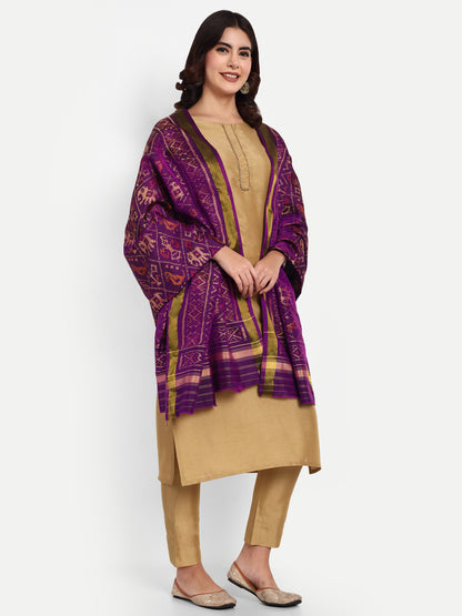 Handwoven Purple Patan Patola Silk Dupatta | Single Ikat with Elephant & Parrot Motif