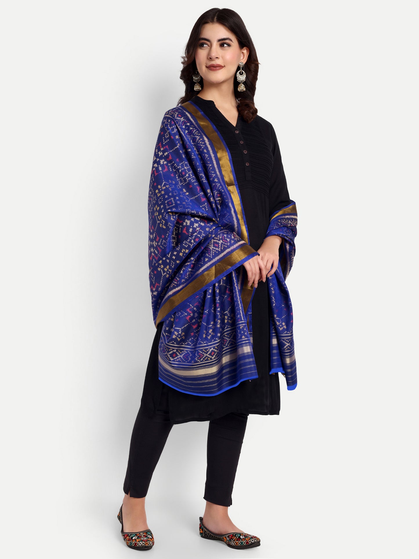 Handwoven Royal Blue Patan Patola Silk Dupatta | Single Ikat Geometric Jaal Motif
