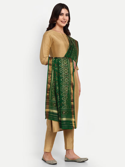 Luxurious Handwoven Green Patan Patola Silk Dupatta | Single Ikat with Geometric Jaal Motif