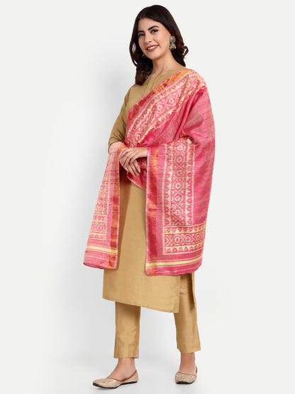 Handwoven Light Pink Patan Patola Raw Silk Stole | Single Ikat Heritage Weave