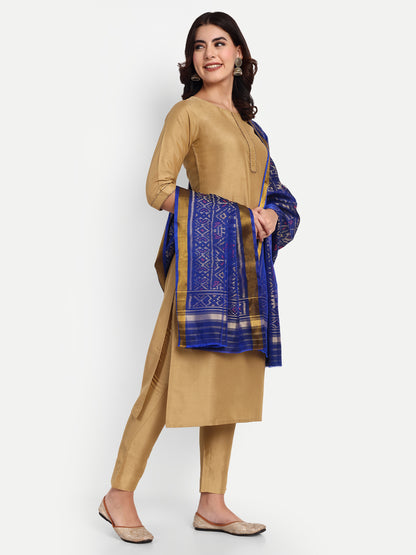 Handwoven Blue Patan Patola Silk Dupatta | Single Ikat Elephant and Parrot Design- Haathi Popat Traditional Motif