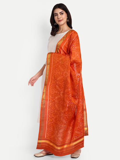 Handwoven Orange Patan Patola Silk Dupatta | Single Ikat Geometric & Floral Design