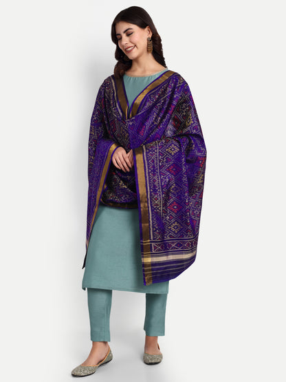 Handwoven Royal Blue Patan Patola Silk Dupatta | Single Ikat Diamond Motif