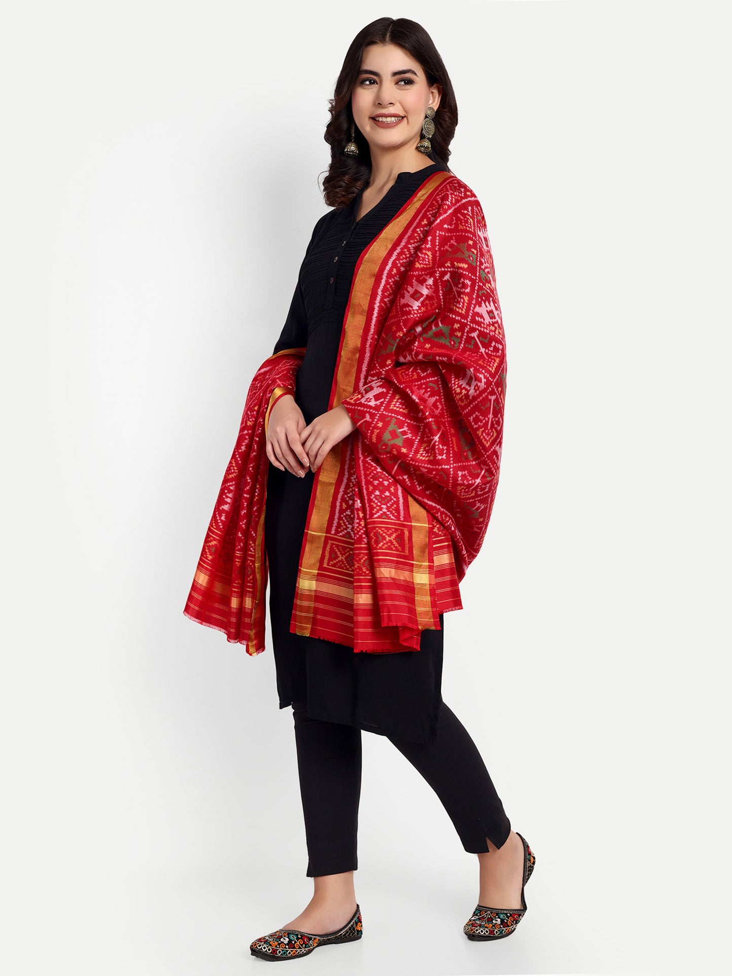 Handwoven Red Patan Patola Silk Dupatta | Single Ikat Elephant and Parrot Design - Haathi-Popat Motif