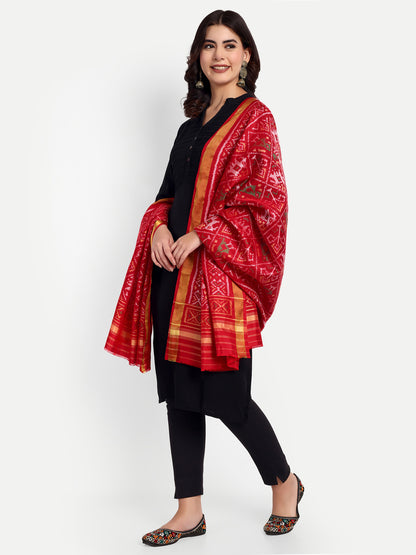 Handwoven Red Patan Patola Silk Dupatta | Single Ikat Elephant and Parrot Design - Haathi-Popat Motif