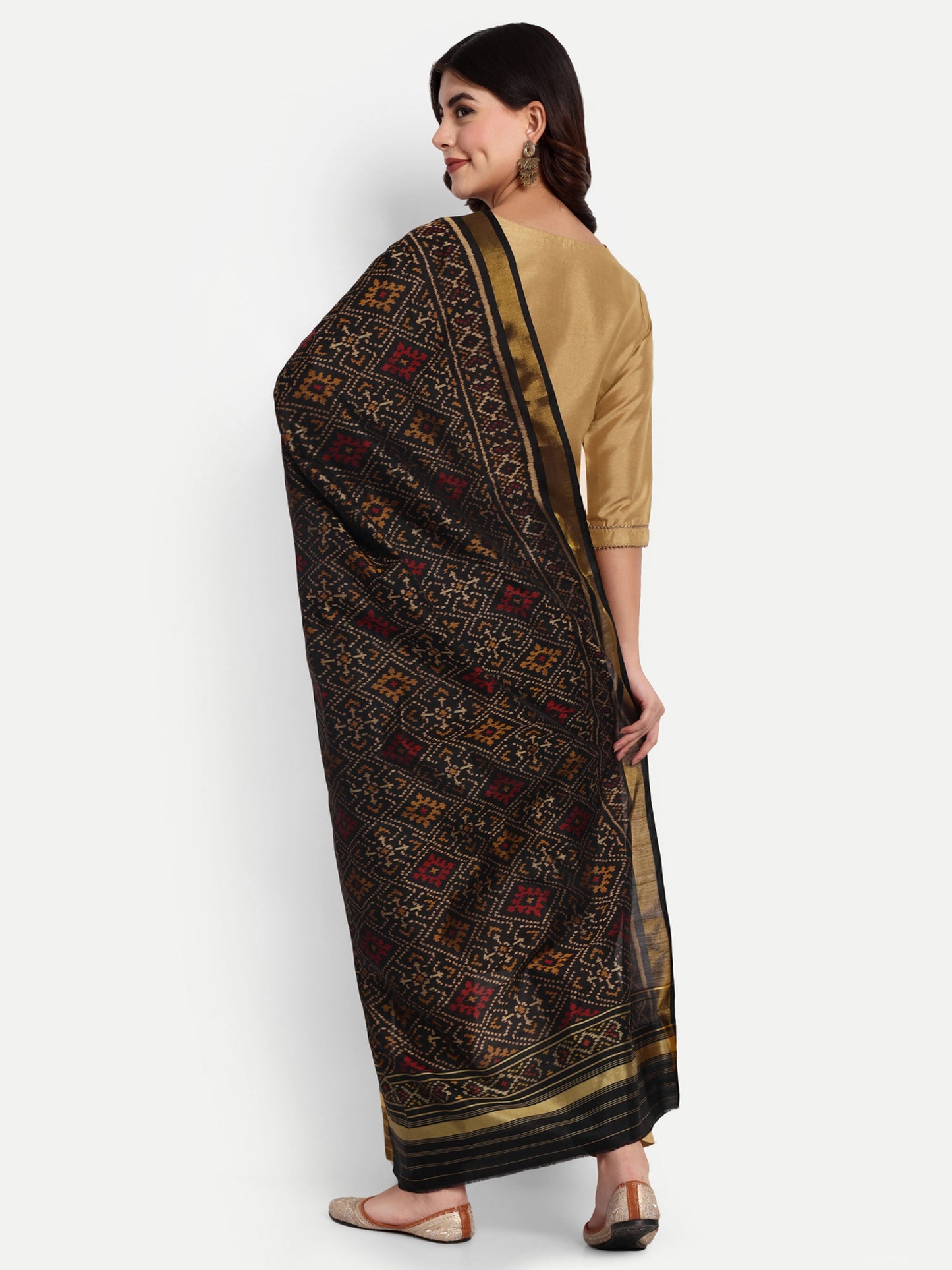 Authentic Handwoven Black Patan Patola Silk Dupatta | Intricate Geometric Design