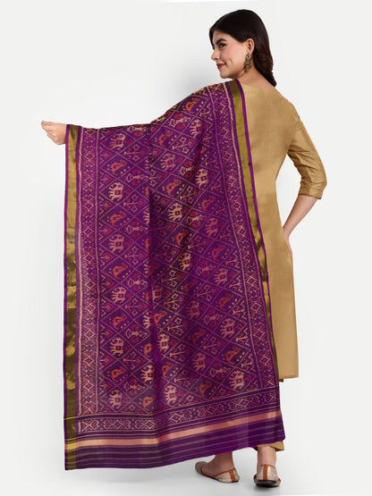 Handwoven Purple Patan Patola Silk Dupatta | Single Ikat with Elephant & Parrot Motif