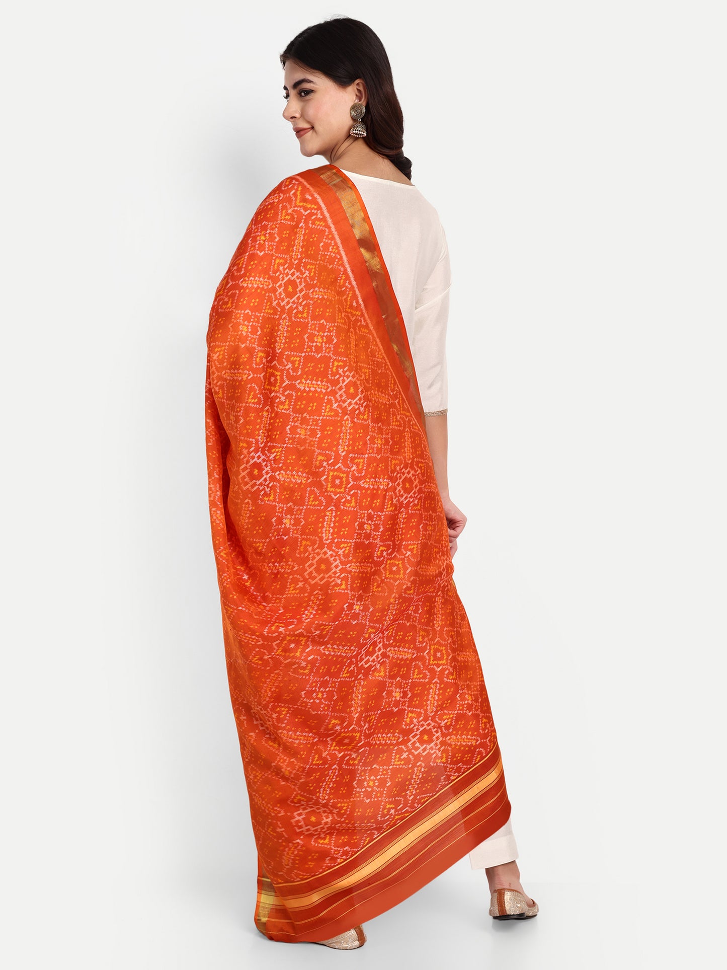 Handwoven Orange Patan Patola Silk Dupatta | Single Ikat Geometric & Floral Design