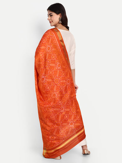 Handwoven Orange Patan Patola Silk Dupatta | Single Ikat Geometric & Floral Design