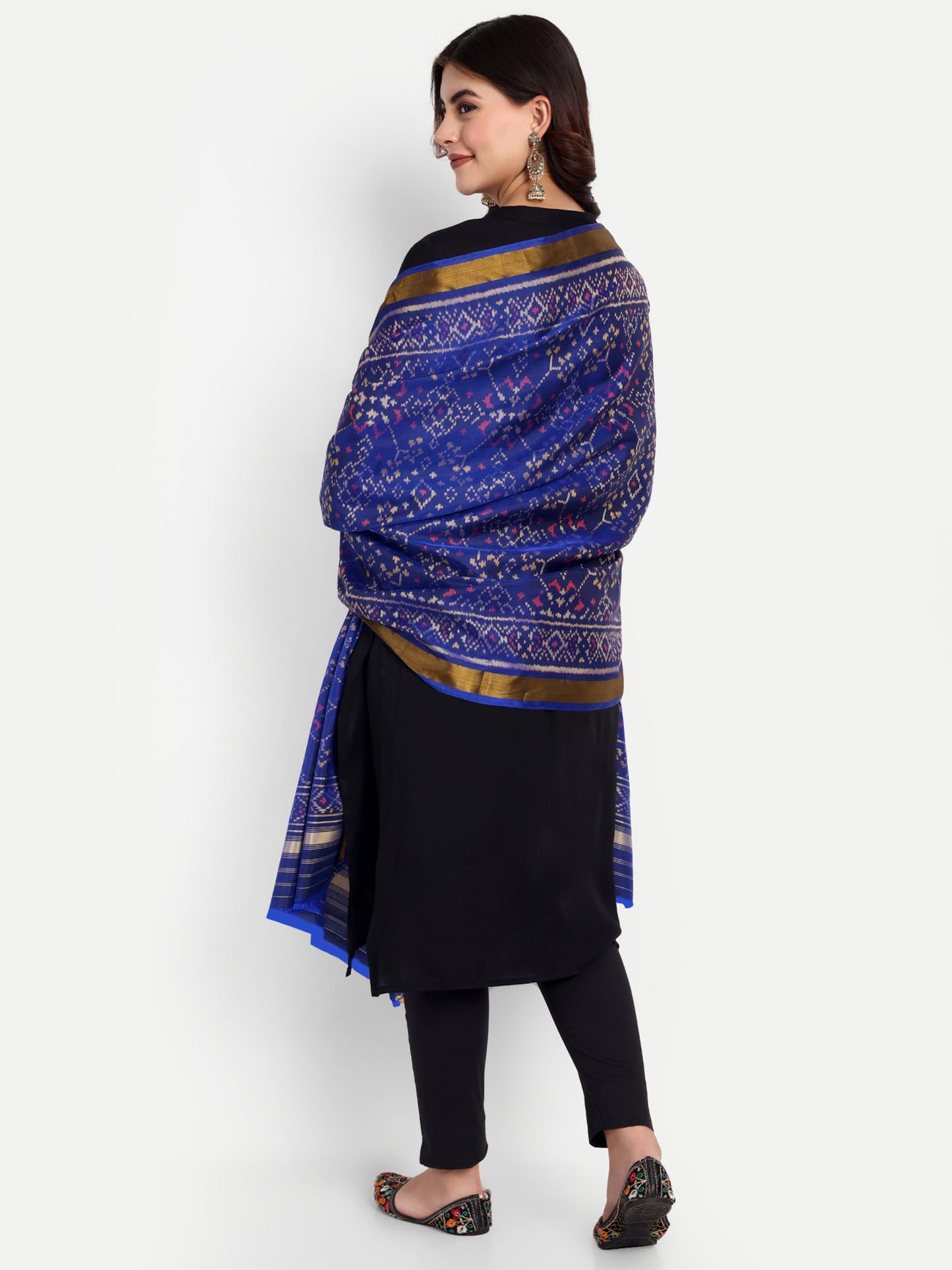Handwoven Royal Blue Patan Patola Silk Dupatta | Single Ikat Geometric Jaal Motif