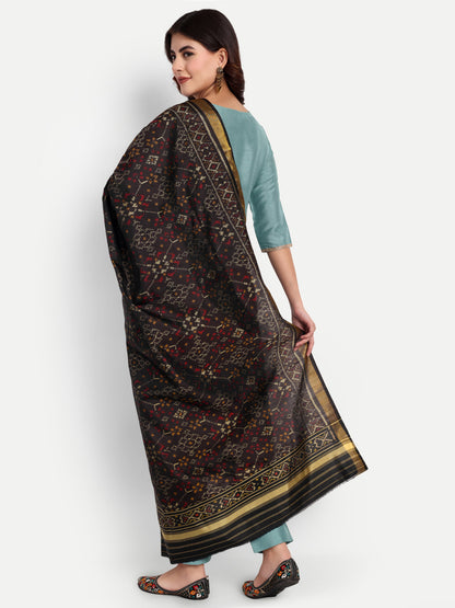 Handwoven Black Patan Patola Silk Dupatta | Single Ikat Floral Jaal Design