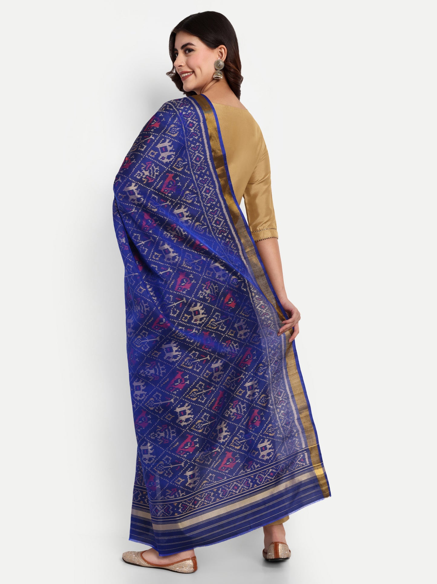 Handwoven Blue Patan Patola Silk Dupatta | Single Ikat Elephant and Parrot Design- Haathi Popat Traditional Motif
