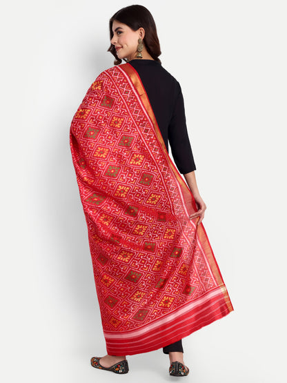 Handwoven Red Patan Patola Silk Dupatta | Single Ikat Diamond Motif