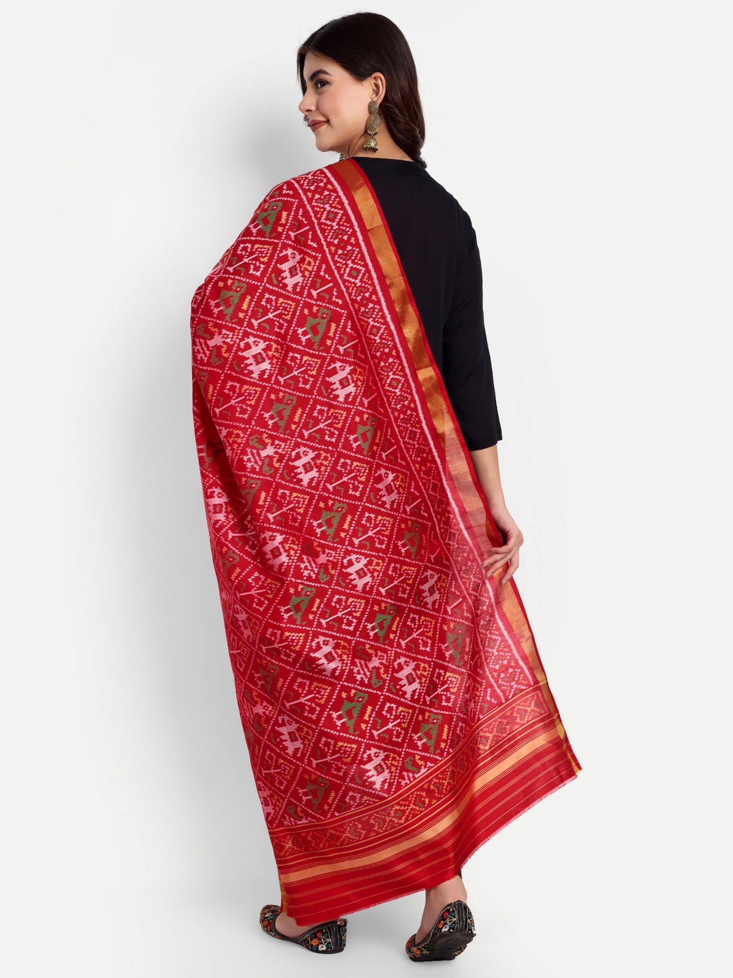 Handwoven Red Patan Patola Silk Dupatta | Single Ikat Elephant and Parrot Design - Haathi-Popat Motif