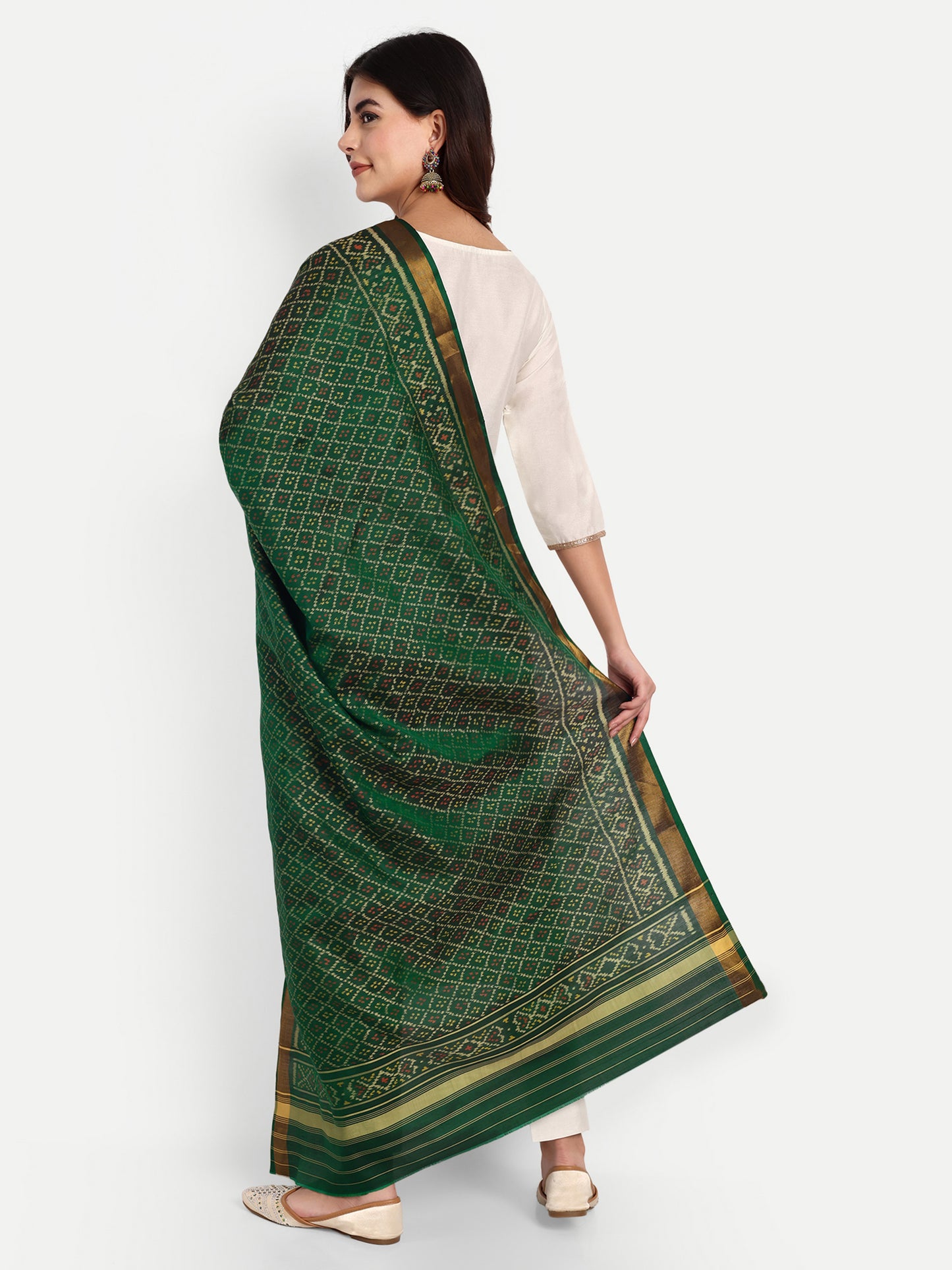 Timeless Bottle Green Patan Patola Silk Dupatta | Single Ikat with Geometric Jaal Motif